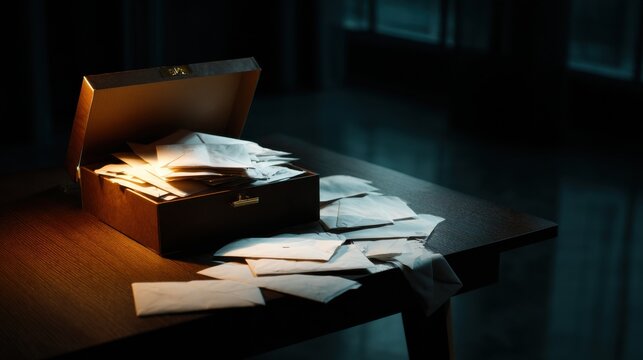 A box of letters is on a table with a lot of paper - Powered by Adobe