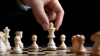 A person is playing chess and is about to move a piece