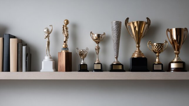 A shelf with a variety of trophies and medals