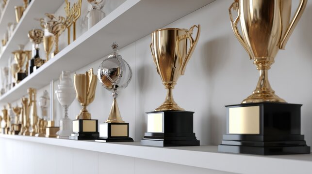 A shelf full of gold and silver trophies