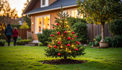 Fototapeta premium a small christmas tree in the garden
