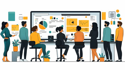 Team Collaboration Illustration: Data Analysis and Business Strategy Meeting