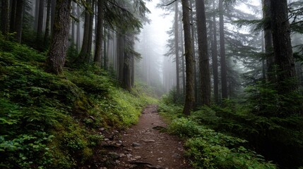 Fototapeta premium A forest path is shown in the rain, with trees on either side