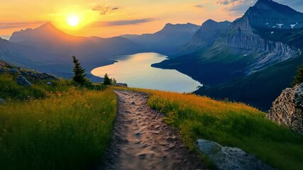 Scenic mountain landscape view with hiking trail overlooking lake at sunset, idyllic nature background. - Powered by Adobe