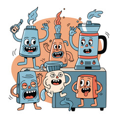 Cartoon kitchen appliances and food items, joyfully interacting.