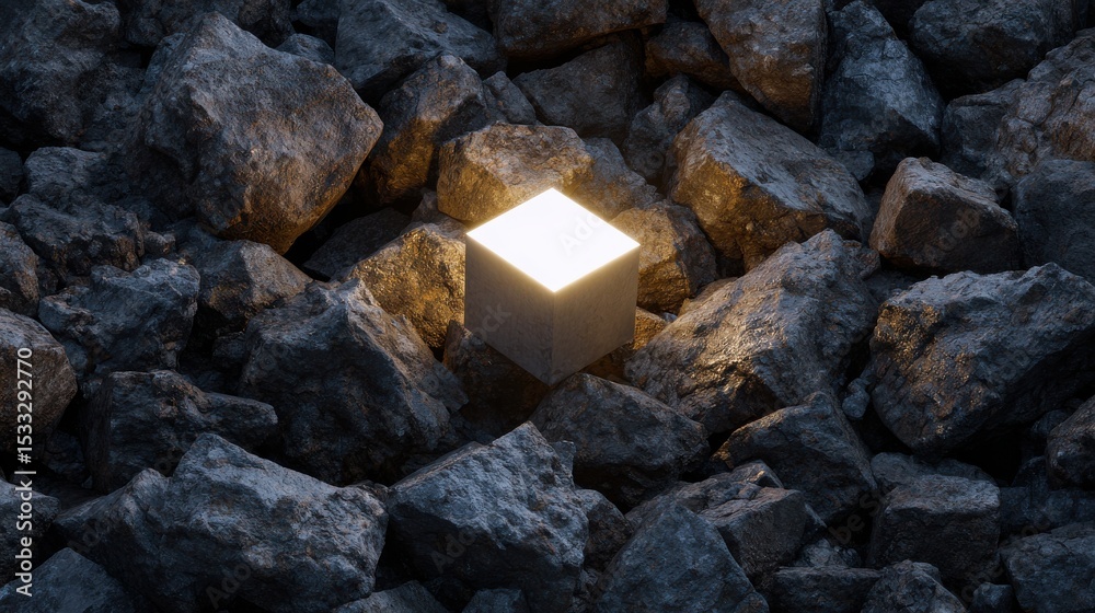 Poster a cube is lit up in a pile of rocks