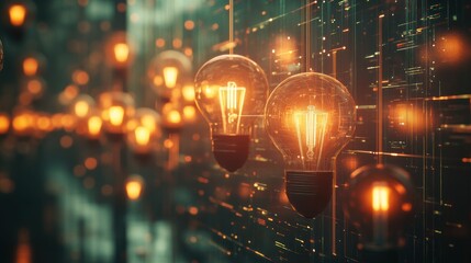 Fototapeta premium Glowing light bulbs illuminate a complex network, symbolizing innovation and connectivity.