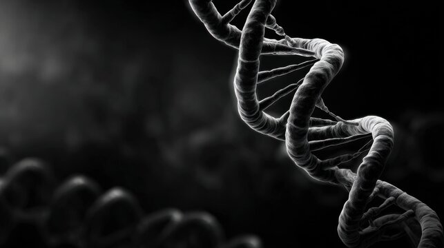 A close up of a DNA strand with a black background