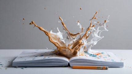 A splash of paint is on an open book, with a pencil on the table next to it