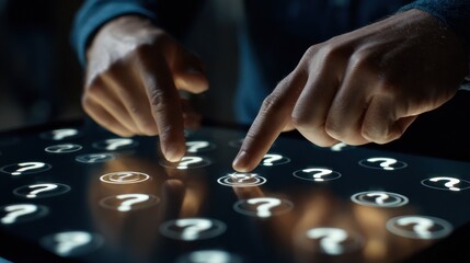 A person is pointing at a screen with many questions