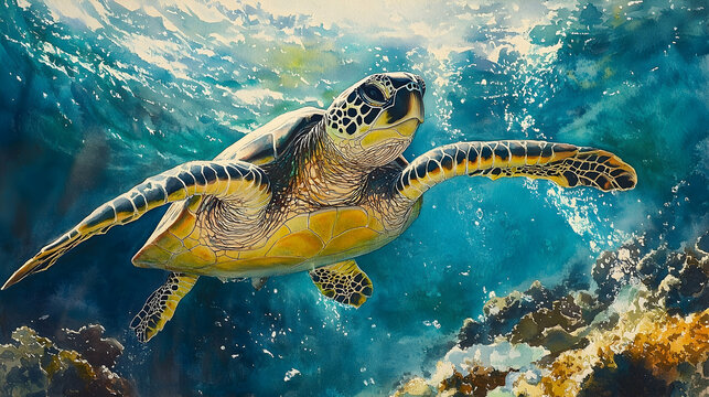 Detailed depiction of a sea turtle swimming in the ocean depths.