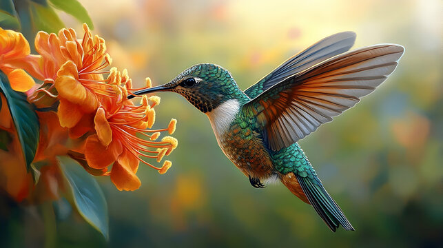 A hummingbird hovers near a vibrant orange flower. - Powered by Adobe