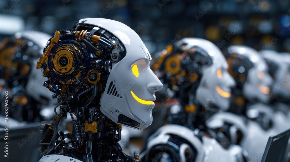 Aufkleber A group of robots with smiling faces are lined up in a factory