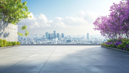 Urban rooftop terrace with city views. Lush greenery and flowering plants flank a paved expanse overlooking a modern metropolis