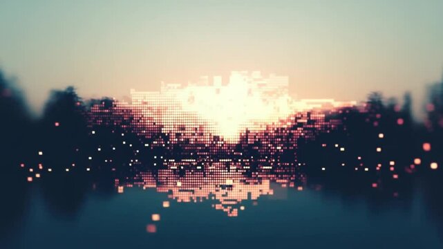 Abstract digital landscape animation with glowing pixels and a reflective surface