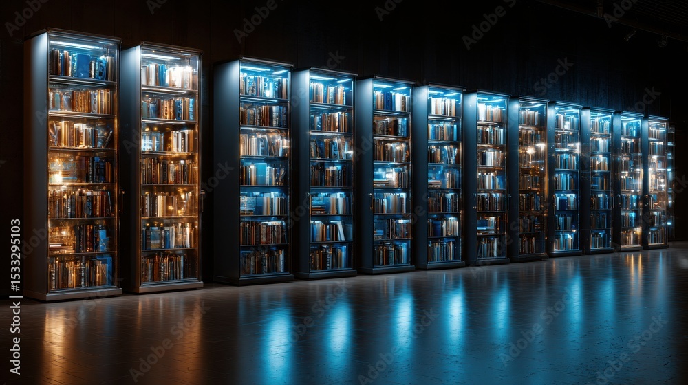 Poster A row of bookshelves with books on them