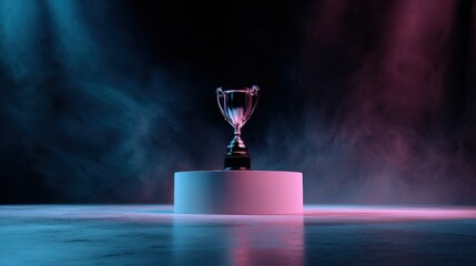 A trophy is on a pedestal in a dimly lit room