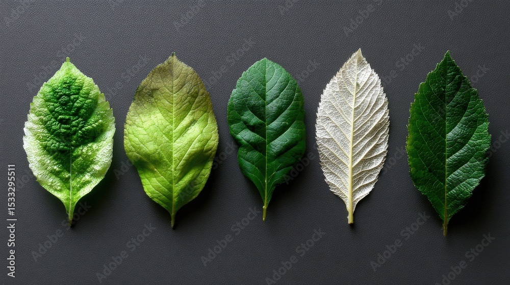 Poster Five different types of leaves, each with a unique color and texture