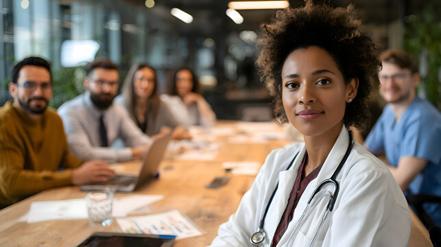 Focused Doctor Posing Confidently in a Medical Team Meeting Setting with Stethoscope and White Coat