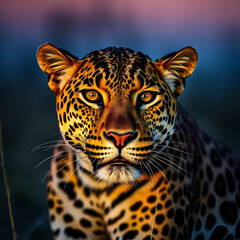 Obraz premium A close encounter with a majestic leopard showcasing its striking features at twilight