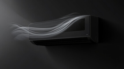 3d black conditioner with hot and cold fresh air wind wave isolated vector illustration. Heat flow for room with modern system climate control. Realistic airconditioner for house. Product mockup png