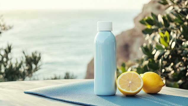 Light gray bottle on yoga mat by lemons at seaside