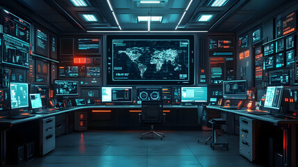 Cybersecurity Control Room Digital Illustration: Futuristic Global Network Monitoring Center