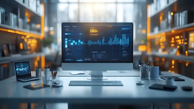 Modern Workplace Desktop Setup with Futuristic Data Visualization on a Computer Screen 3D Illustration