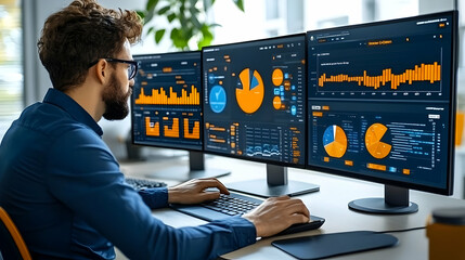 Data Analyst Working with Multiple Monitors Showing Charts and Graphs, Realistic Image