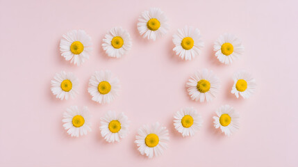 White daisy chamomile flowers in circular pattern on pale pink background, minimalist aesthetic with copy space, conveying serenity and simplicity