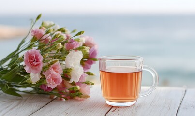 Glass cup of tea next to a bouquet of Eustoma on a glass table, with soft coastal haze, Generative AI