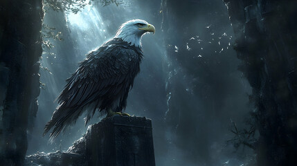Fototapeta premium Majestic bald eagle perched atop a weathered stone in a mystical woodland.