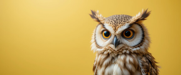 Fototapeta premium Close-up of a stylized owl with intense golden eyes and detailed feathers on solid yellow background, featuring sharp digital textures and modern wildlife character design