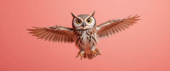 Naklejka premium Symmetrical flying owl with outstretched wings and vivid yellow eyes on clean peach background, digitally illustrated in full aerial pose with elegant feather detailing and soft shading