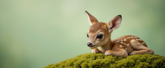 Cute baby deer resting on soft mossy hill with large expressive eyes and stylized fur texture, set in a peaceful forest scene with gentle green blurred background