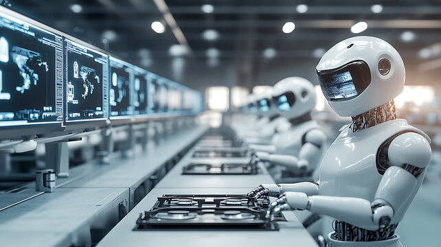 robots in factory processing data on multiple computer screens, robots working in a futuristic factory environment analyzing data on computers depicting industrial automation
