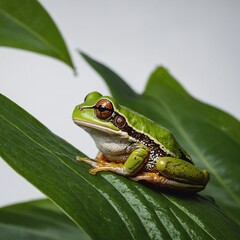 A tree frog on a large jungle leaf, clear with white background