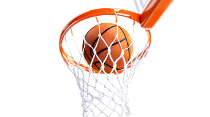 Basketball falling into the net on a hoop isolated on a white background
