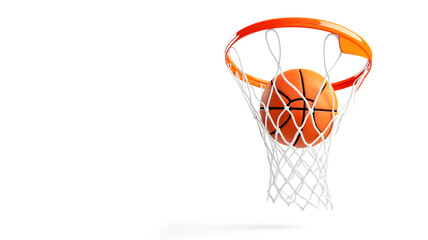 Basketball falling into the net on a hoop isolated on a white background