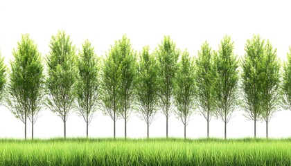 Obraz premium Row of young trees in a grassy field.