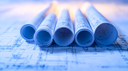 Blueprint rolls with detailed technical drawings create professional atmosphere