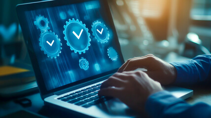 Gears and checkmark icon on a virtual screen, a quality control concept with a businessman using a laptop at an office desk for a standardization system to ensure a high level of service in a company