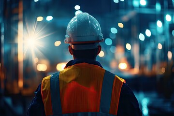 Detailed Color Image of Medium Shot Back View of Engineer Supervising Construction