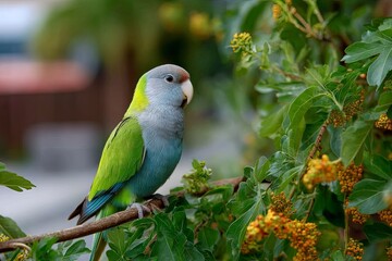 Fototapeta premium A green parakeet is sitting on a tree trunk.