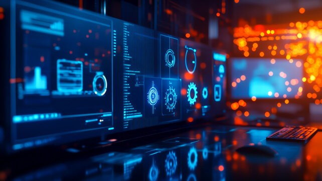 Remote technical support workspace with illuminated virtual icons showing gears, customer service, and global connectivity in a dark professional setting.