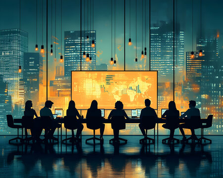 Night City Business Meeting Illustration: Global Data Analysis Team Silhouette - Powered by Adobe