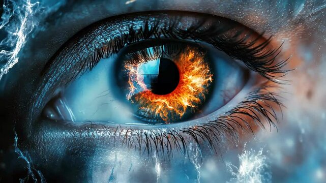 Eye with fiery iris, surreal concept, extreme close up, detailed, blue, fire