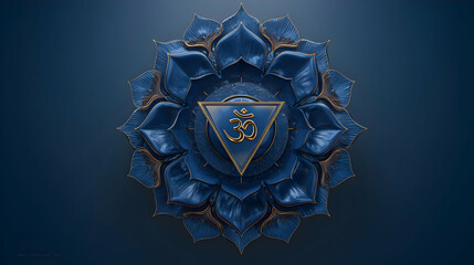 Intricate 3D Rendering of Vishuddha Chakra Symbol on Dark Blue Background with Textured Lotus Petals and Detailed Lighting