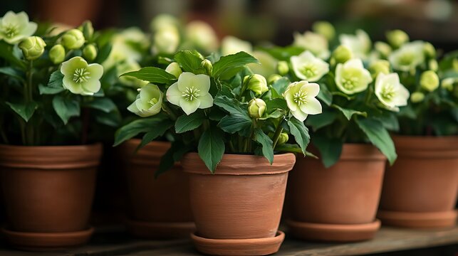 Closeup of Potted Hellebore Flowers with Buds and Green Foliage in Terra Cotta Pots
