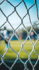 Fototapeta premium Closeup of Soccer Goal Net on Green Field with Players in Background
